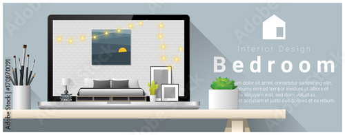 Modern bedroom interior design background , vector , illustration