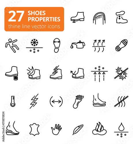 Shoes properties symbols. These icons indicate properties of footwear. Thin line icons. Editable strokes. Vector