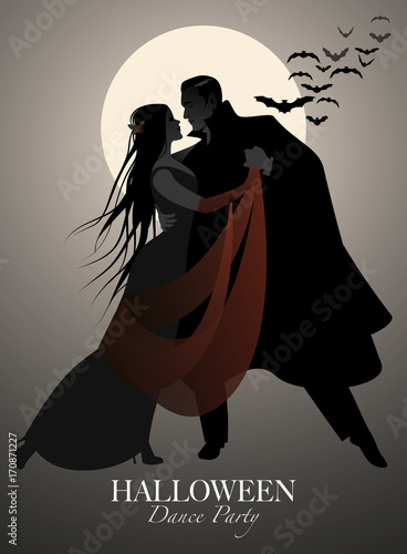 Halloween Dance Party. Romantic vampire couple dancing at Halloween Night.