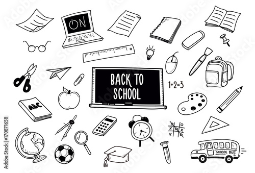 Back to School doodles. Vector hand drawn icons - school and classroom related objects