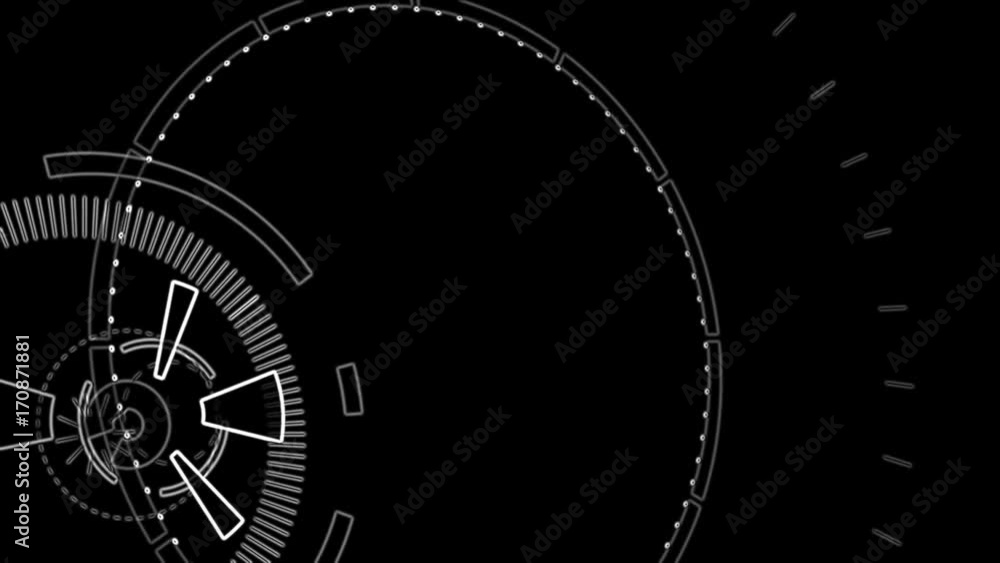 Outlined video graphic background component. Abstract round animation, hi-tech stylization with circles. Futuristic Sci-Fi HUD effect. Central sight of wheels in technology. Mechanical gears on black. Outlined video graphic background component. Abstract round animation, hi-tech stylization with circles. Futuristic Sci-Fi HUD effect. Central sight of wheels in technology. Mechanical gears on black.
