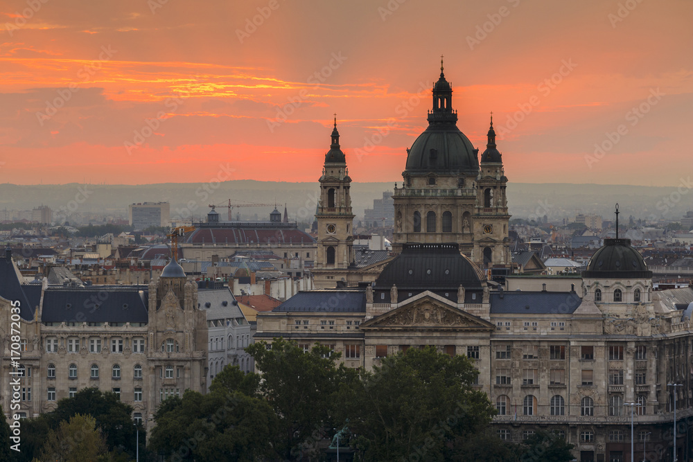 Morning view of St. Stephen's Basilica in Budapest, Hungary.
