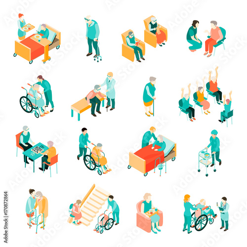 Elderly People Nursing Home Isometric Set