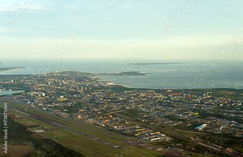 View from the plane to Tallinn airport and Lasnamae district. photo