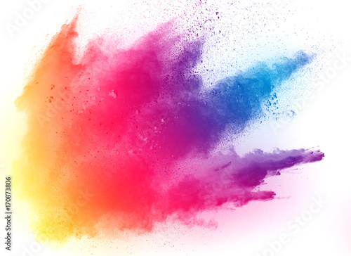 Tablou canvas abstract multicolored powder splatted on white background,Freeze motion of color