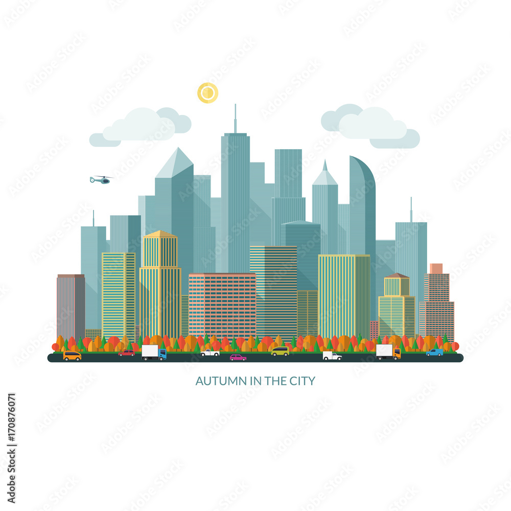 Autumn city concept. Urban landscape with city traffic. Vector illustration. Flat design