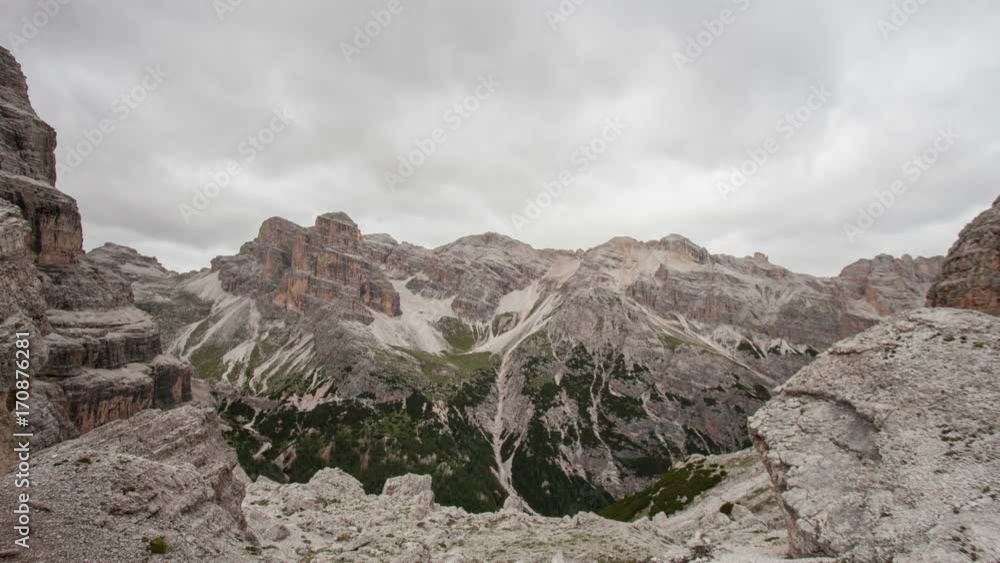 Time lapse of Travenanzes Valley in a cloudy day, Dolomites, Cortina d'Ampezzo, Italy Time lapse of Travenanzes Valley in a cloudy day, Dolomites, Cortina d'Ampezzo, Italy