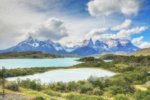 Mountain landscape with Los Cuernos rocks and Lake Pehoe in Torres del Paine National park, Patagonia, Chile