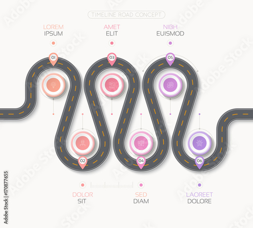 Navigation map infographic 6 steps timeline concept. Winding roa