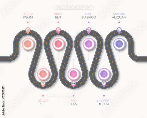 Navigation map infographic 6 steps timeline concept. Winding roa
