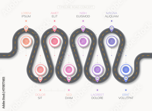 Navigation map infographic 8 steps timeline concept. Winding roa