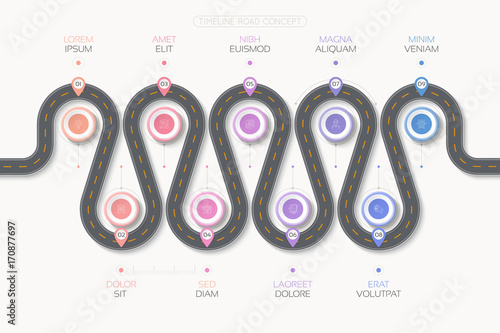 Navigation map infographic 9 steps timeline concept. Winding roa