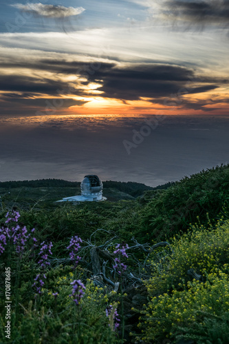 Astronomical observatory at dusk in La Palma