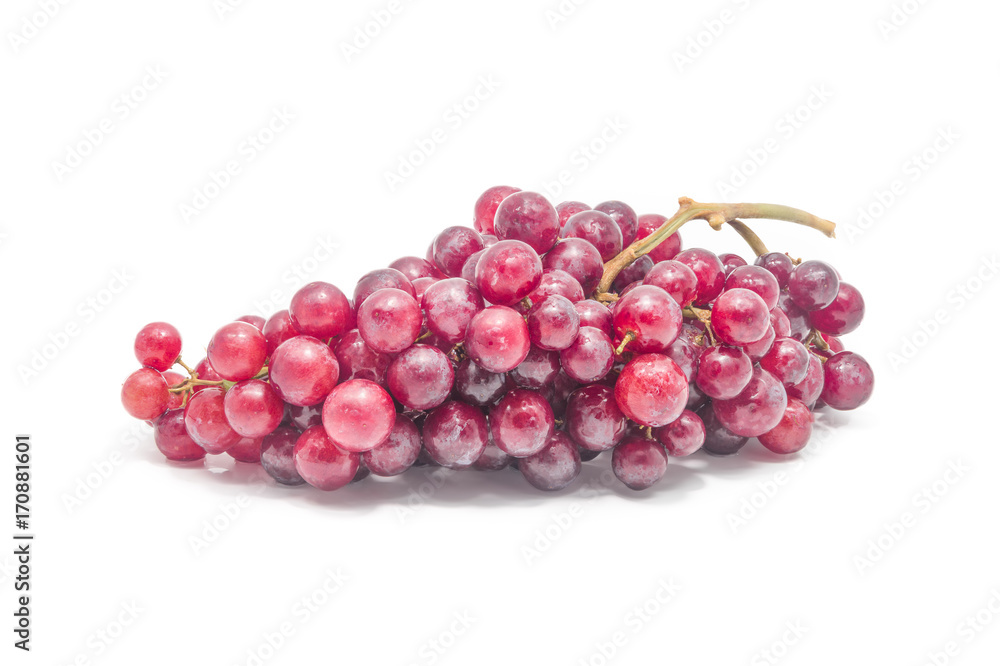 Ripe red grapes with white background.