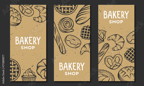 Set of vector bakery engraved elements. Typography design with bread, pastry, pie, buns, sweets, cupcake. Collection of modern linear graphic design vertical banner template. Bakery shop.