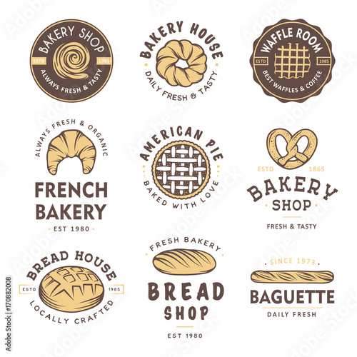 Set of vintage style bakery shop labels, badges, emblems and logo. Vector illustration. Colorful graphic art with engraved design elements. Collection of linear graphic on white background.
