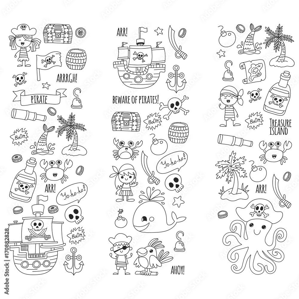 Pirate adventures Pirate party Kindergarten pirate party for children Adventure, treasure, pirates, octopus, whale, ship Kids drawing vector pattern