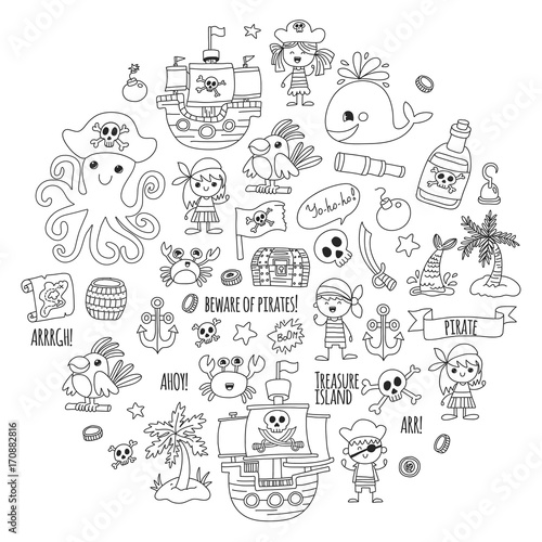 Pirate adventures Pirate party Kindergarten pirate party for children Adventure, treasure, pirates, octopus, whale, ship Kids drawing vector pattern