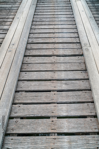 Low, Very Close-up View of Wooden Bridge. Centered