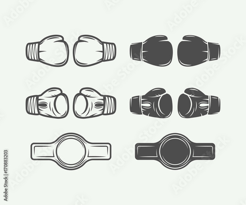 Set of vintage boxing gloves in retro style. Vector illustration. Monochrome Graphic Art.