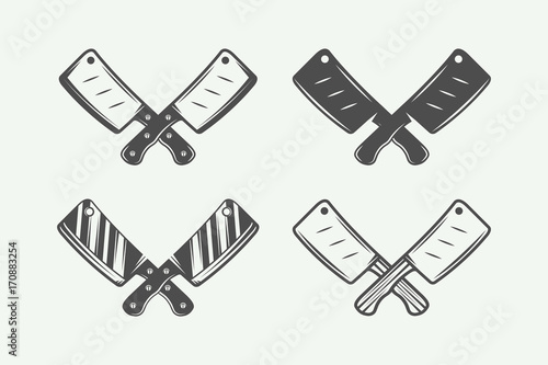 Set of vintage butchery meat, steak or bbq logos, emblems, badges, labels. Graphic Art. Vector Illustration.