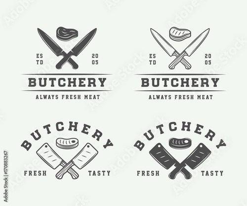 Set of vintage butchery meat, steak or bbq logos, emblems, badges, labels. Graphic Art. Vector Illustration.