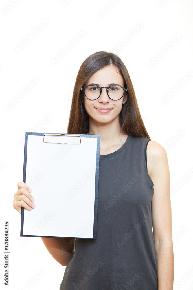 Smiling business woman holding pads of notepaper on white background Smiling business woman holding pads of notepaper on white background