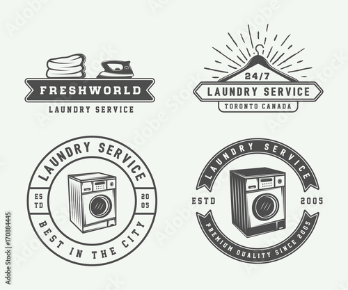 Set of vintage laundry, cleaning or iron service logos, emblems, badges and design elements. Monochrome Graphic Art. Vector Illustration.