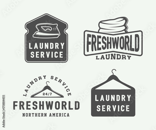 Set of vintage laundry, cleaning or iron service logos, emblems, badges and design elements. Monochrome Graphic Art. Vector Illustration.