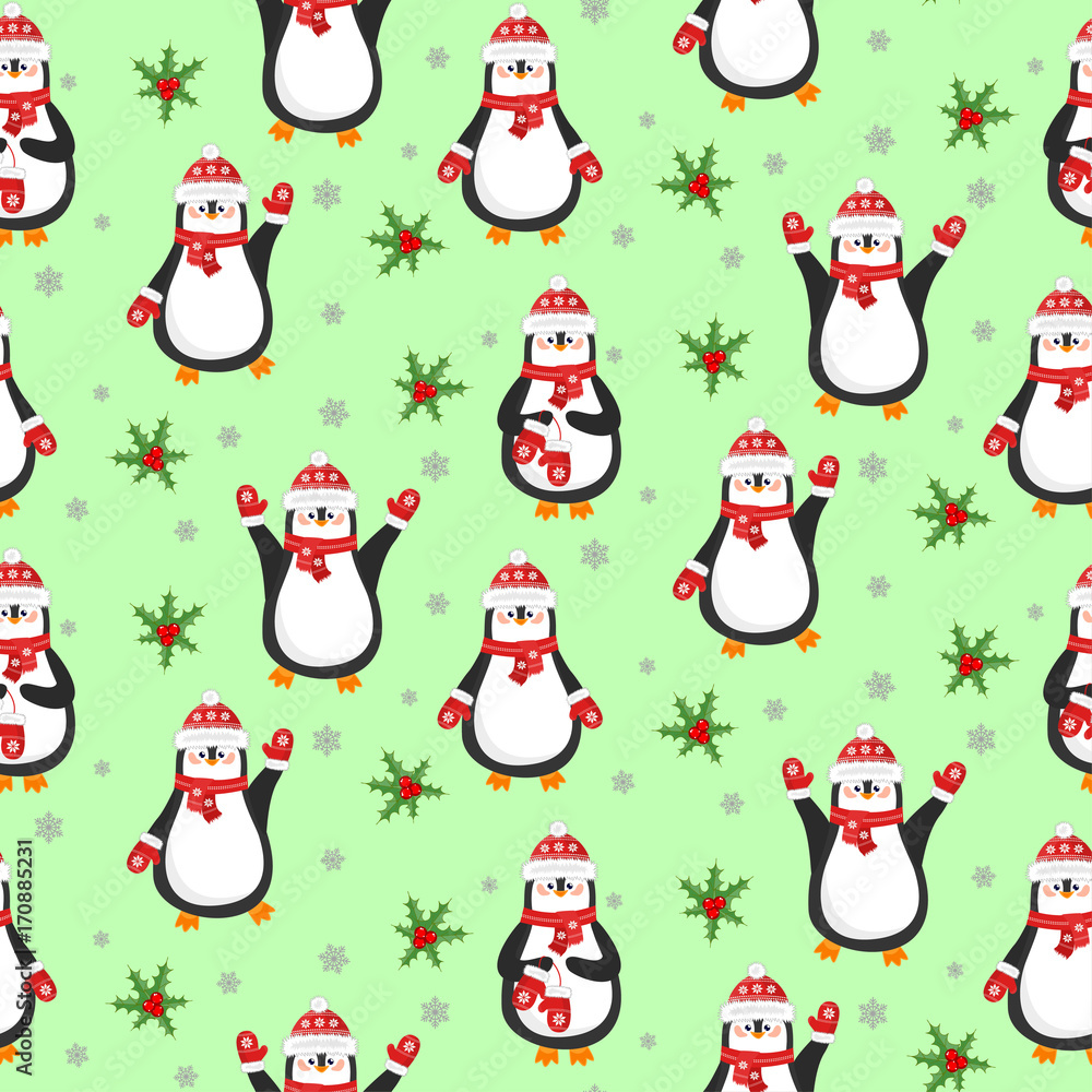 Seamless christmas background with cute northern penguins. Pattern