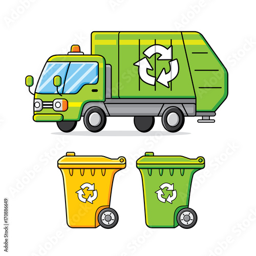 Green garbage truck and trash bins with recycle sign, vector isolated. © ghrzuzudu