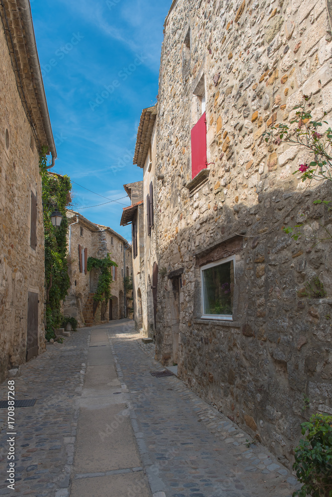 Aigueze in Ardeche, most beautiful french village, old houses and pavement
