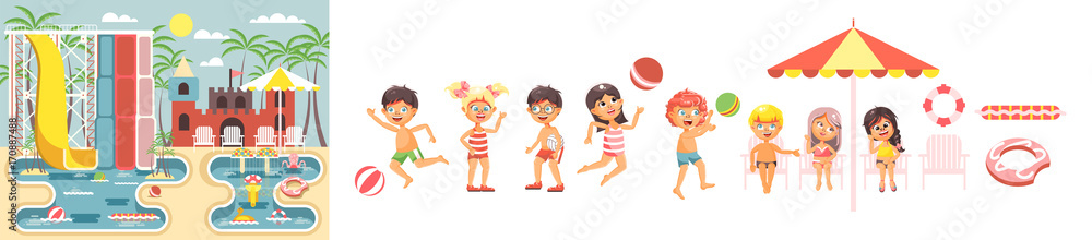 Vector big set isolated cartoon characters children, boys and girls resting swimsuits, swimming trunk, beachwear playing ball, sun umbrella flat style white background, aqua water park landscape