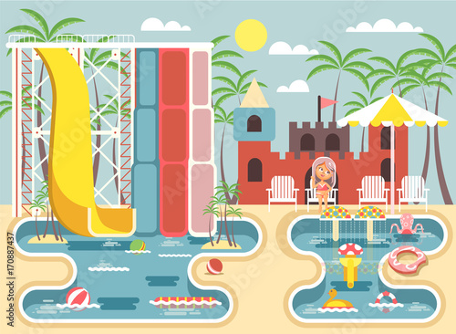 Vector illustration cartoon character child lonely little girl sitting deckchairs under sun umbrella near swimming pool water slide, frolicking, resting in aqua park water attractions flat style