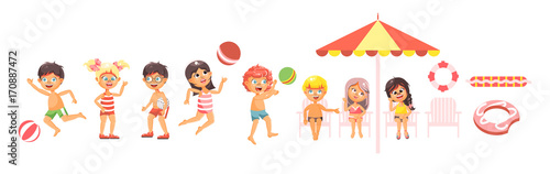 Vector illustration isolated cartoon characters children, boys and girls resting in swimsuits, swimming trunks, beachwear playing ball, sitting under sun umbrella flat style on white background