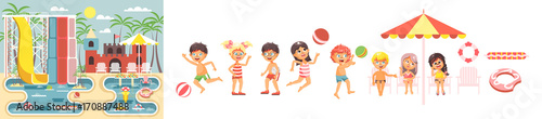 Vector big set isolated cartoon characters children, boys and girls resting swimsuits, swimming trunk, beachwear playing ball, sun umbrella flat style white background, aqua water park landscape