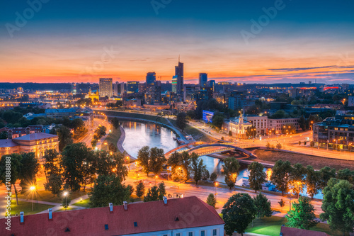 Vilnius, Lithuania, Europe. Sunset Cityscape. Modern Office Buildings