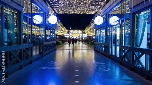 pedestrian street decorated beautiful lighting. Hyperlapse photo