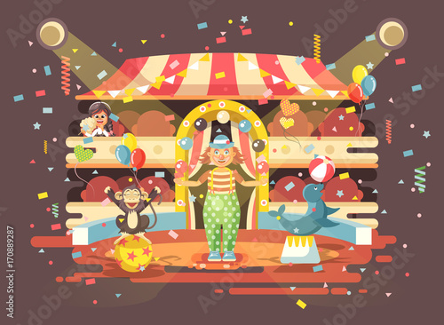 Vector illustration cartoon character lonely child, schoolgirl, brunette girl watching performance in interior of circus, show clown juggles on arena, perform trained monkey animal in flat style
