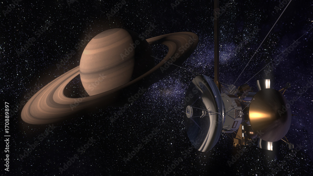 Satellite Cassini is approaching Saturn. Cassini Huygens is an unmanned spacecraft sent to the planet Saturn. CG animation.