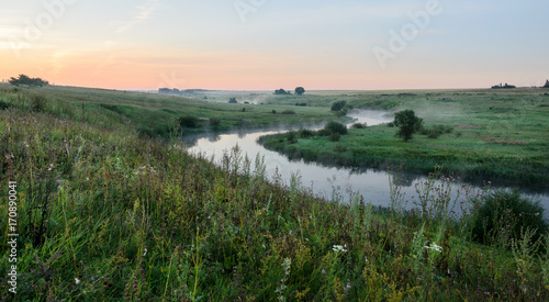 Foggy summer landscape.River Upa in Tula region,Russia. 
