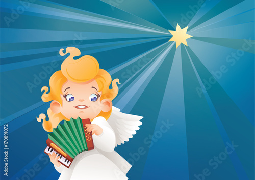 Kid angel musician flying on a night sky making music on accordion
