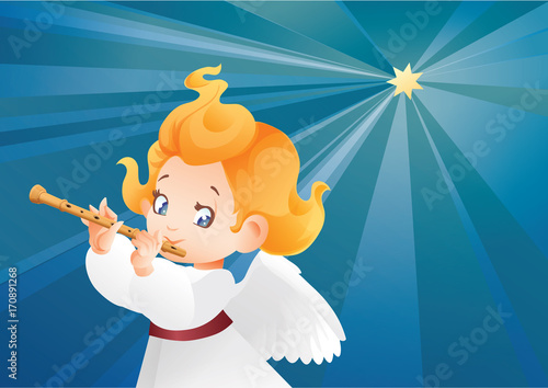 Kid angel musician flutis, flautist flying on a night sky making