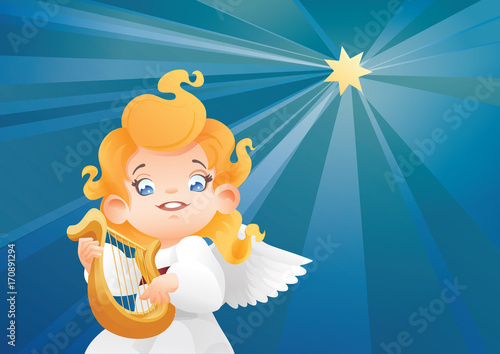 Kid angel musician harpist flying on a night sky making music on harp to a Christmas star