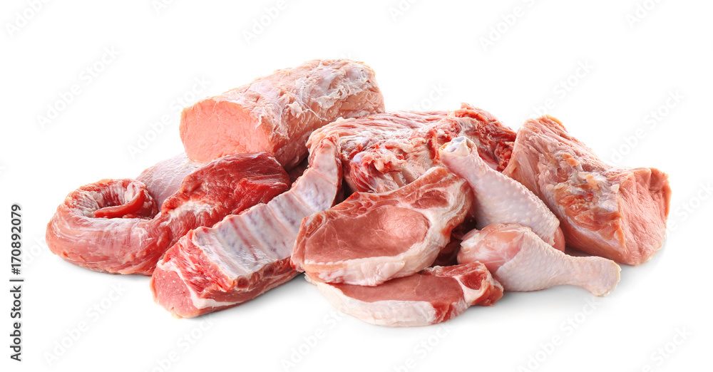 Pieces of different fresh meat, isolated on white
