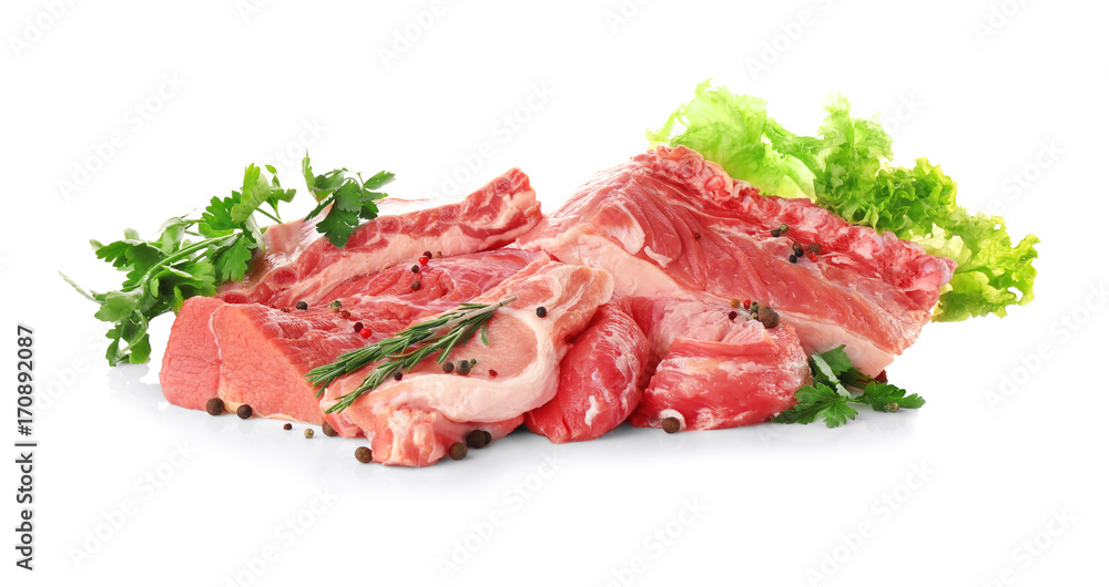 Pieces of different fresh meat, isolated on white Pieces of different fresh meat, isolated on white