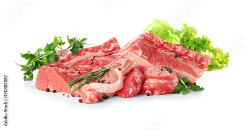 Pieces of different fresh meat, isolated on white