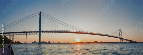 Panoramic view of Ambassador Bridge connecting Windsor, Ontario to Detroit Michigan photo