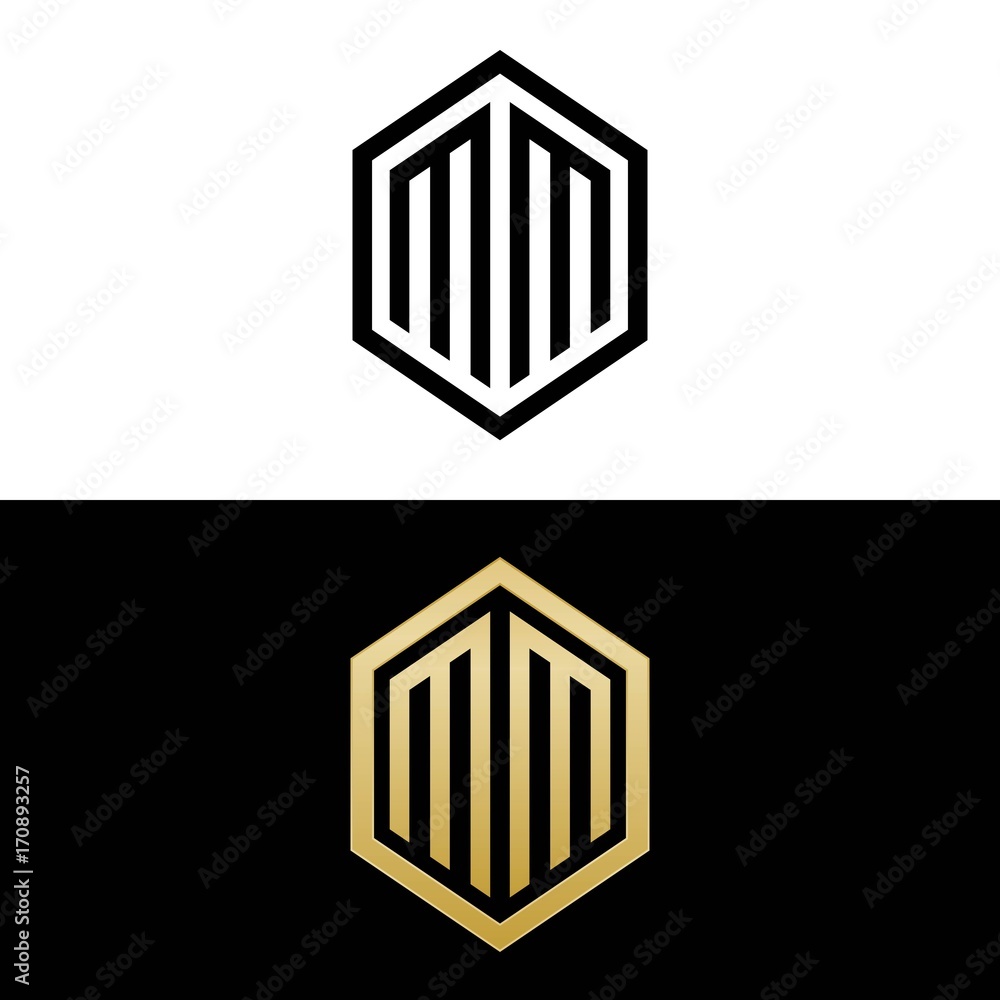 initial letters logo mm black and gold monogram hexagon shape vector initial letters logo mm black and gold monogram hexagon shape vector