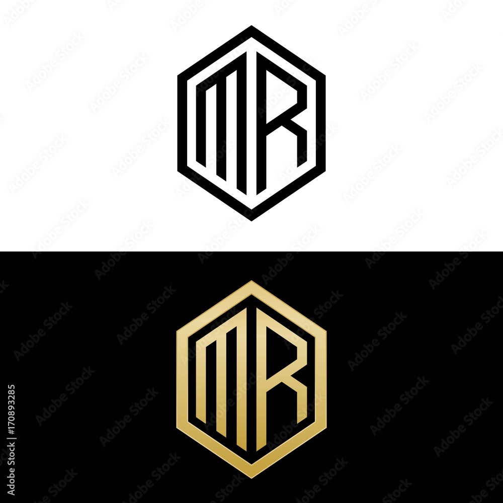 initial letters logo mr black and gold monogram hexagon shape vector initial letters logo mr black and gold monogram hexagon shape vector